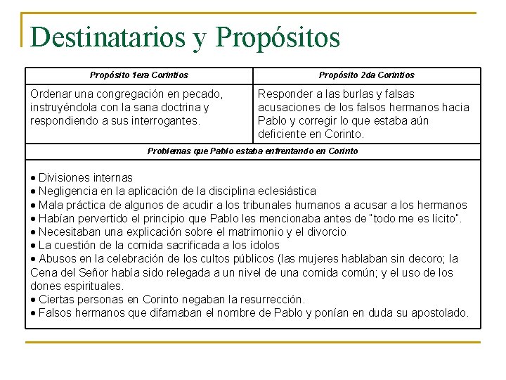 Destinatarios y Propósitos Propósito 1 era Corintios Ordenar una congregación en pecado, instruyéndola con