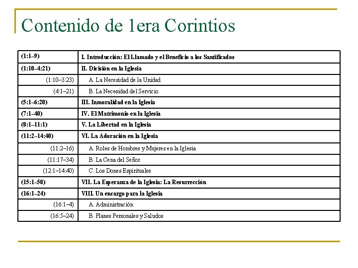 Contenido de 1 era Corintios (1: 1– 9) I. Introducción: El Llamado y el Contenido de 1 era Corintios (1: 1– 9) I. Introducción: El Llamado y el