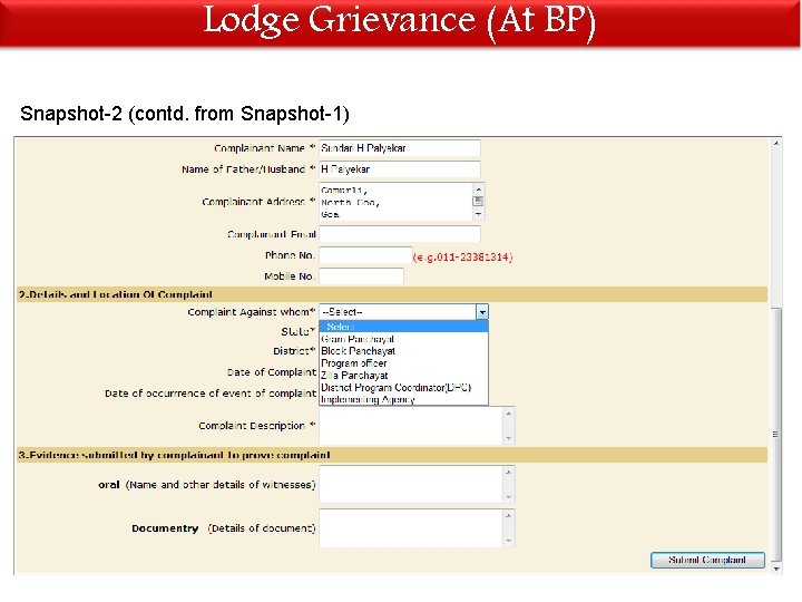 Lodge Grievance (At BP) Snapshot-2 (contd. from Snapshot-1) 