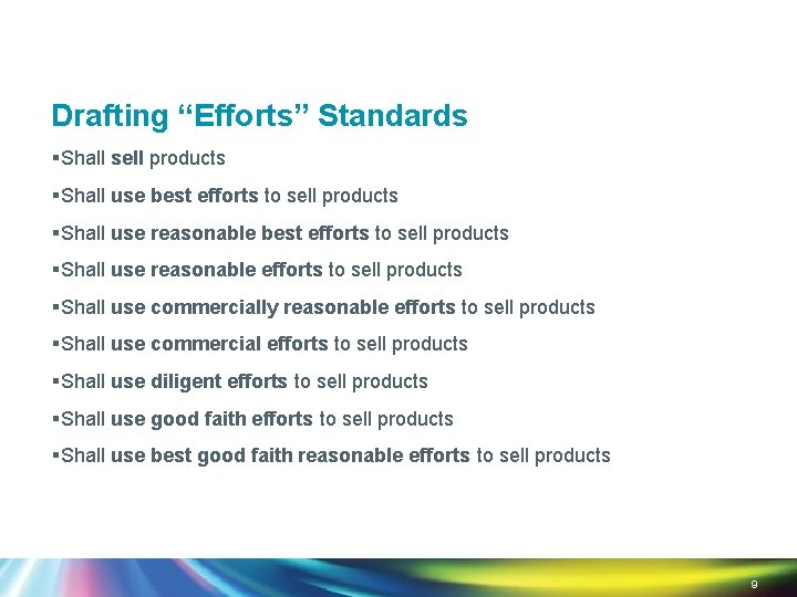 Drafting “Efforts” Standards §Shall sell products §Shall use best efforts to sell products §Shall