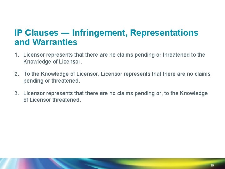 IP Clauses ― Infringement, Representations and Warranties 1. Licensor represents that there are no
