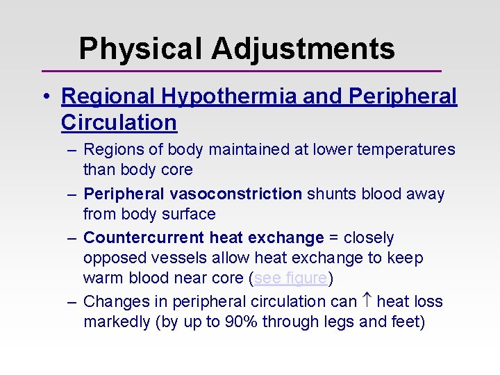 Physical Adjustments • Regional Hypothermia and Peripheral Circulation – Regions of body maintained at Physical Adjustments • Regional Hypothermia and Peripheral Circulation – Regions of body maintained at