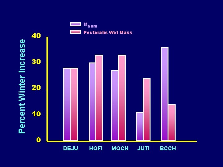 Percent Winter Increase Msum Pectoralis Wet Mass 40 30 20 10 0 DEJU HOFI Percent Winter Increase Msum Pectoralis Wet Mass 40 30 20 10 0 DEJU HOFI