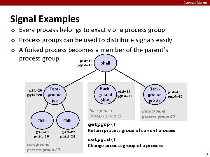 Carnegie Mellon Signal Examples ¢ ¢ ¢ Every process belongs to exactly one process