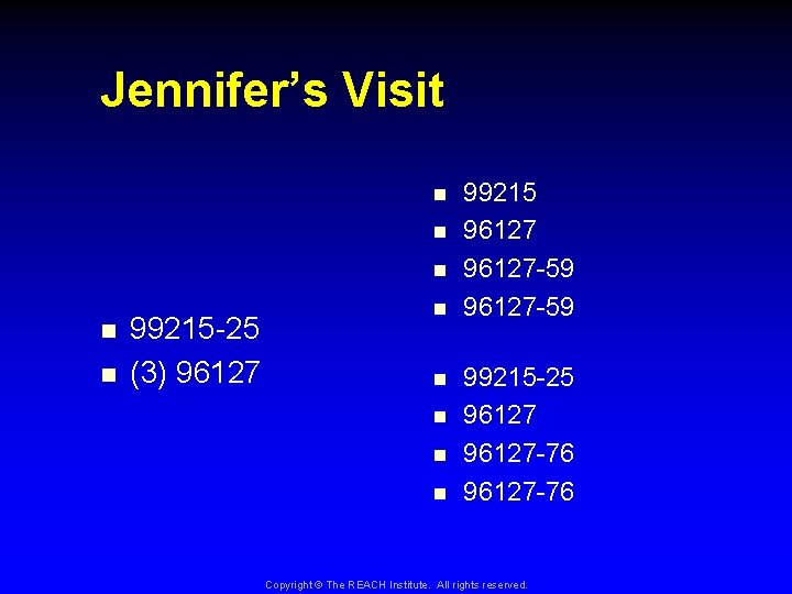 Jennifer’s Visit n n n 99215 -25 (3) 96127 n n n 99215 96127