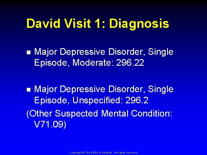 David Visit 1: Diagnosis n Major Depressive Disorder, Single Episode, Moderate: 296. 22 Major