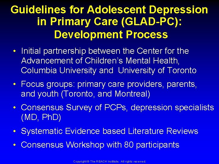 Guidelines for Adolescent Depression in Primary Care (GLAD-PC): Development Process • Initial partnership between