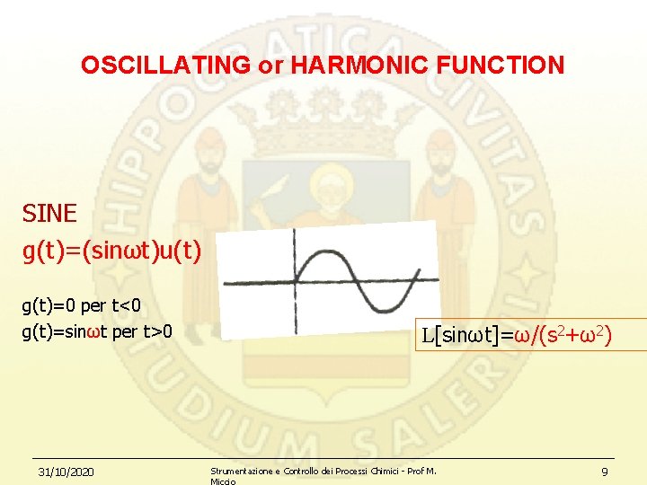 OSCILLATING or HARMONIC FUNCTION SINE g(t)=(sinωt)u(t) g(t)=0 per t<0 g(t)=sinωt per t>0 31/10/2020 L[sinωt]=ω/(s