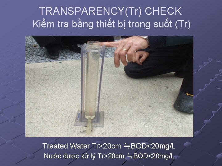 TRANSPARENCY(Tr) CHECK Kiểm tra bằng thiết bị trong suốt (Tr) Treated Water Tr>20 cm