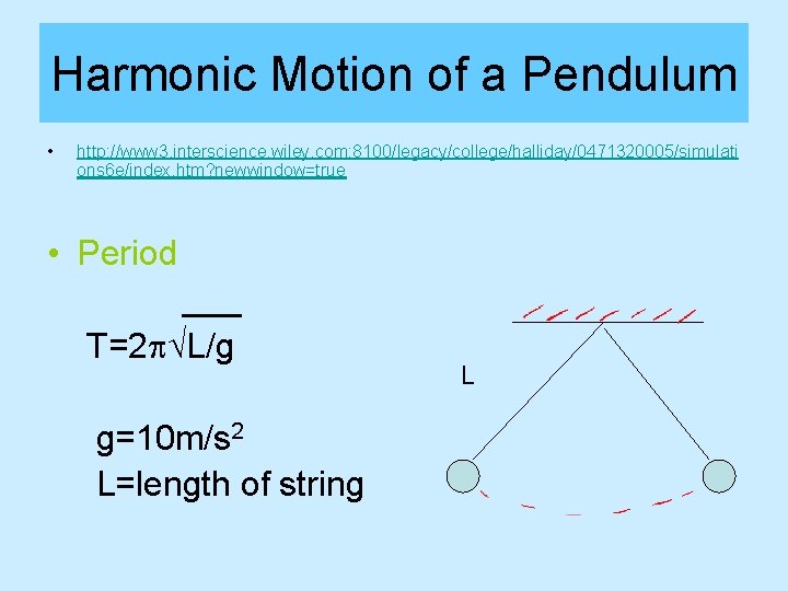 Harmonic Motion of a Pendulum • http: //www 3. interscience. wiley. com: 8100/legacy/college/halliday/0471320005/simulati ons Harmonic Motion of a Pendulum • http: //www 3. interscience. wiley. com: 8100/legacy/college/halliday/0471320005/simulati ons