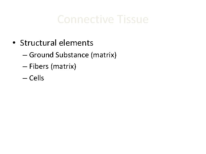 Connective Tissue • Structural elements – Ground Substance (matrix) – Fibers (matrix) – Cells