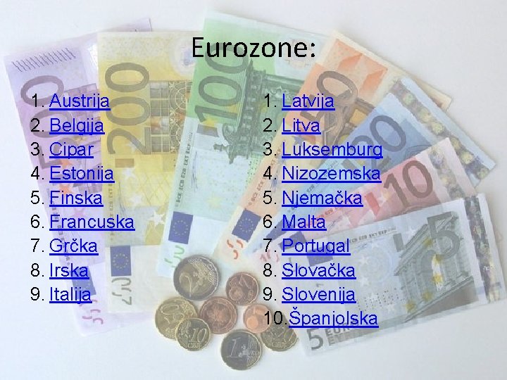 Eurozone: 1. Austrija 2. Belgija 3. Cipar 4. Estonija 5. Finska 6. Francuska 7.