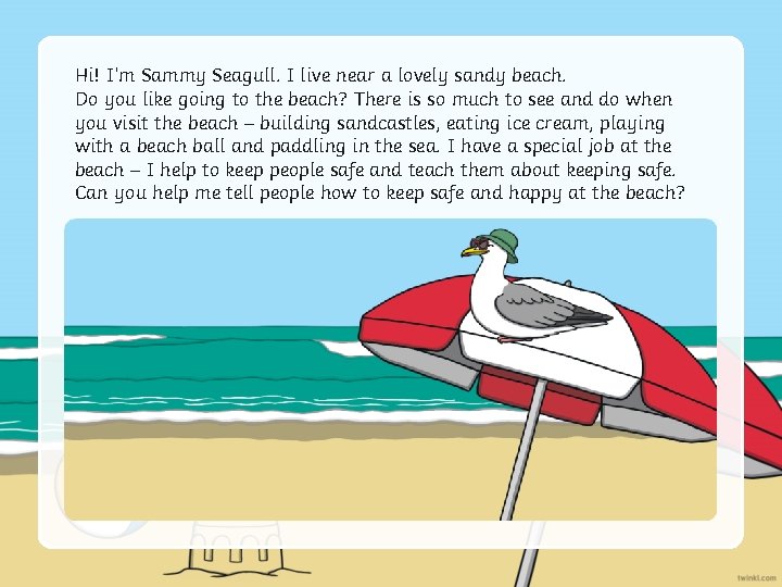 Hi! I’m Sammy Seagull. I live near a lovely sandy beach. Do you like