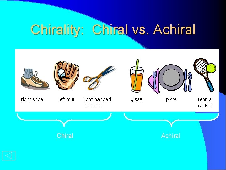 Chirality: Chiral vs. Achiral right shoe left mitt Chiral right-handed scissors glass plate Achiral