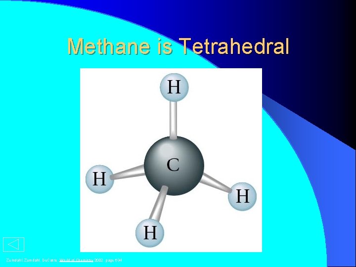 Methane is Tetrahedral Zumdahl, De. Coste, World of Chemistry 2002, page 634 