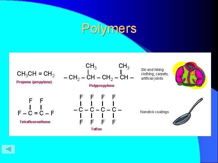 Polymers CH 3 CH = CH 2 Propene (propylene) F F F–C=C–F Tetrafluoroethene CH