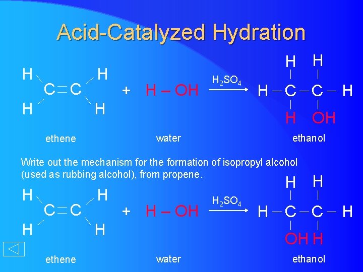 Acid-Catalyzed Hydration H C C H H + H – OH H 2 SO