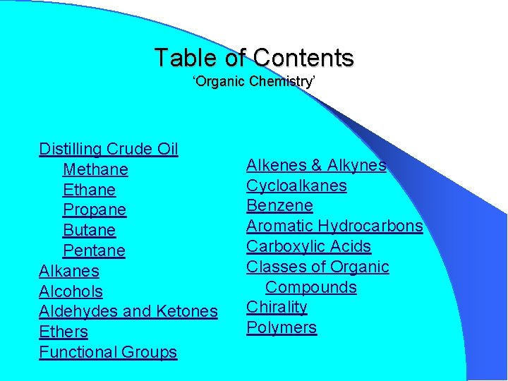 Table of Contents ‘Organic Chemistry’ Distilling Crude Oil Methane Ethane Propane Butane Pentane Alkanes