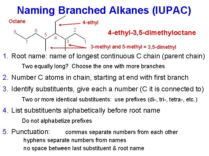 Naming Branched Alkanes (IUPAC) Octane 4 -ethyl 6 8 5 7 2 4 3