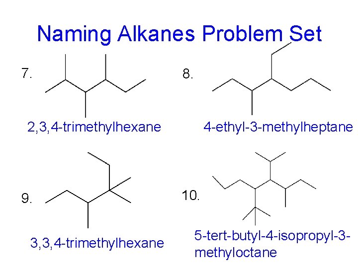 Naming Alkanes Problem Set 7. 8. 2, 3, 4 -trimethylhexane 9. 3, 3, 4