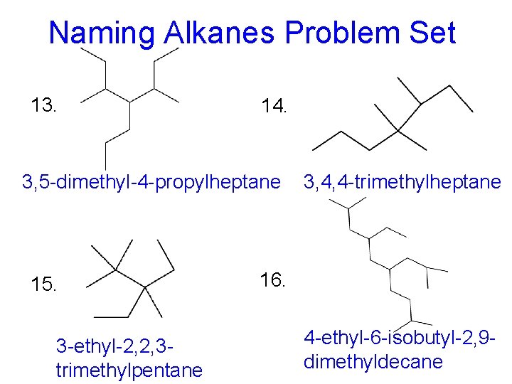 Naming Alkanes Problem Set 13. 14. 3, 5 -dimethyl-4 -propylheptane 15. 3 -ethyl-2, 2,
