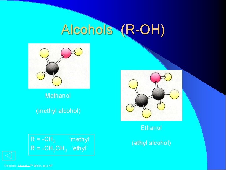 Alcohols (R-OH) Methanol (methyl alcohol) Ethanol R = -CH 3 ‘methyl’ R = -CH