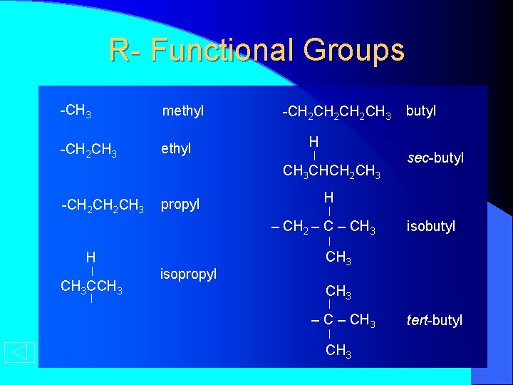 R- Functional Groups -CH 3 methyl -CH 2 CH 3 ethyl -CH 2 CH
