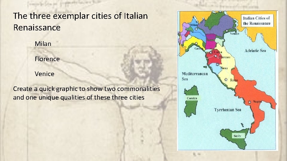 The three exemplar cities of Italian Renaissance Milan Florence Venice Create a quick graphic