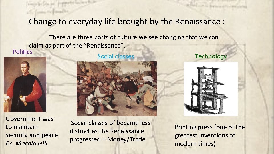 Change to everyday life brought by the Renaissance : There are three parts of