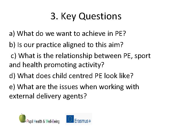 3. Key Questions a) What do we want to achieve in PE? b) Is