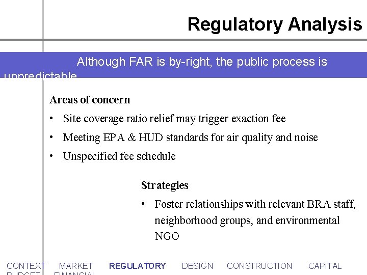 Regulatory Analysis Although FAR is by-right, the public process is unpredictable. Areas of concern