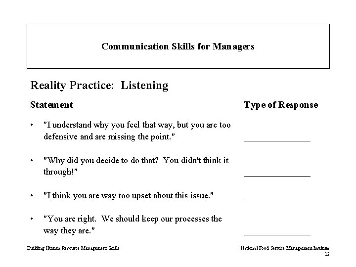 Communication Skills for Managers Reality Practice: Listening Statement • Type of Response "I understand