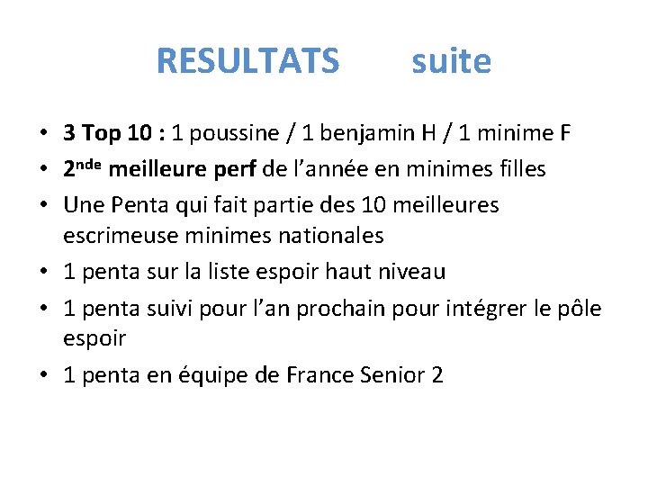 RESULTATS suite • 3 Top 10 : 1 poussine / 1 benjamin H /