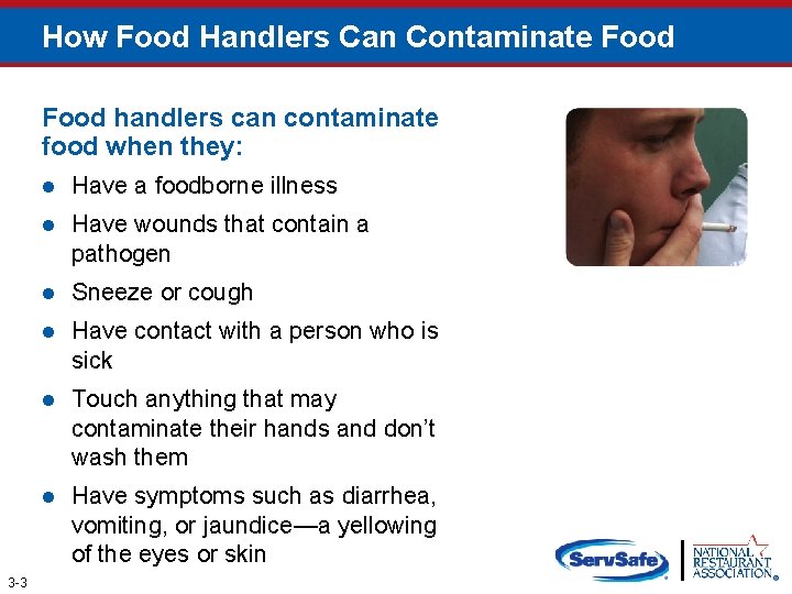 How Food Handlers Can Contaminate Food handlers can contaminate food when they: 3 -3