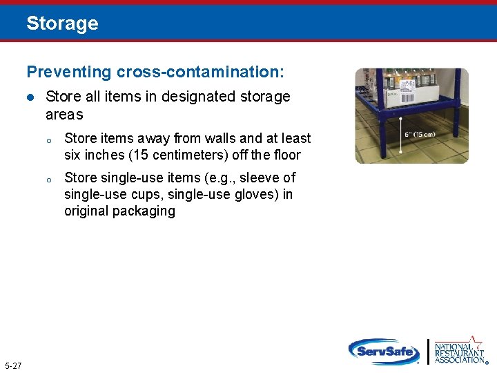 Storage Preventing cross-contamination: l 5 -27 Store all items in designated storage areas o