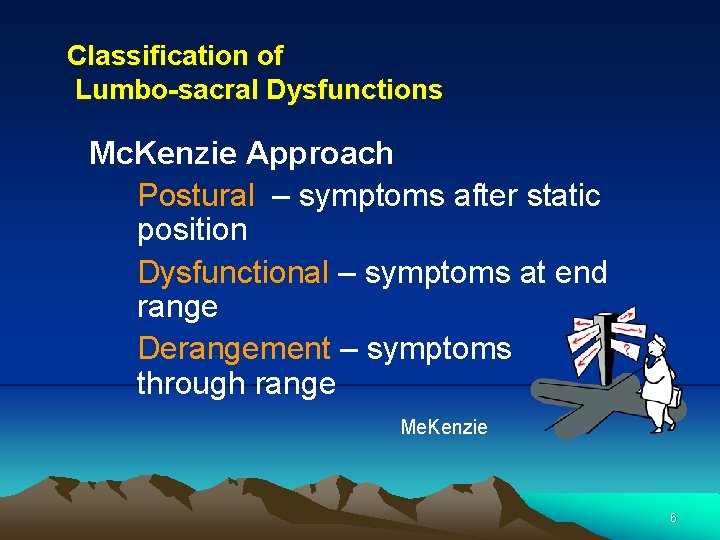 Classification of Lumbo-sacral Dysfunctions Mc. Kenzie Approach Postural – symptoms after static position Dysfunctional