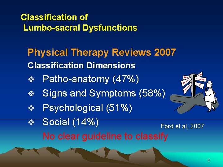 Classification of Lumbo-sacral Dysfunctions Physical Therapy Reviews 2007 Classification Dimensions v Patho-anatomy (47%) v