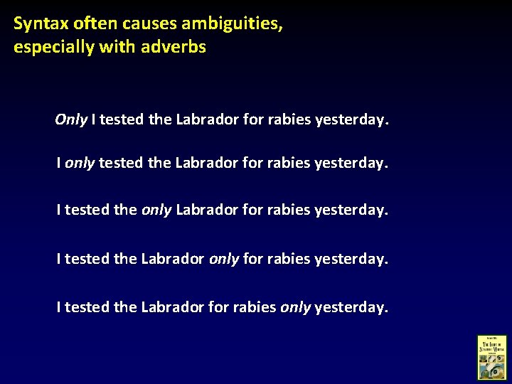 Syntax often causes ambiguities, especially with adverbs Only I tested the Labrador for rabies