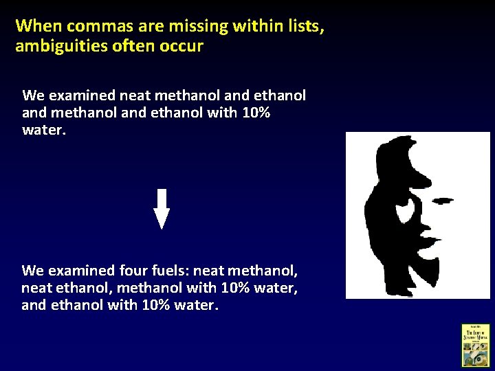 When commas are missing within lists, ambiguities often occur We examined neat methanol and