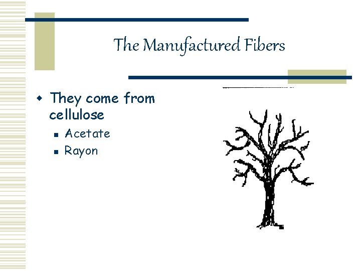 The Manufactured Fibers w They come from cellulose n n Acetate Rayon 