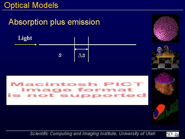Optical Models Absorption plus emission Light s s Scientific Computing and Imaging Institute, University