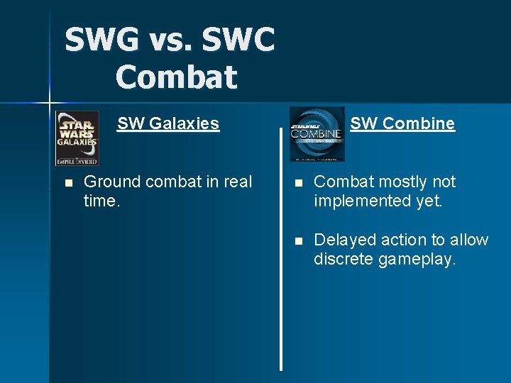 SWG vs. SWC Combat SW Galaxies n Ground combat in real time. SW Combine