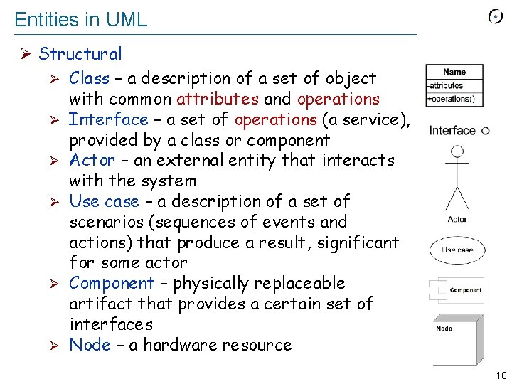 Entities in UML Ø Structural Ø Class – a description of a set of