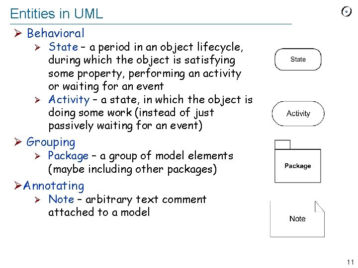 Entities in UML Ø Behavioral State – a period in an object lifecycle, during