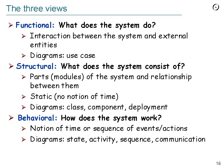 The three views Ø Functional: What does the system do? Interaction between the system