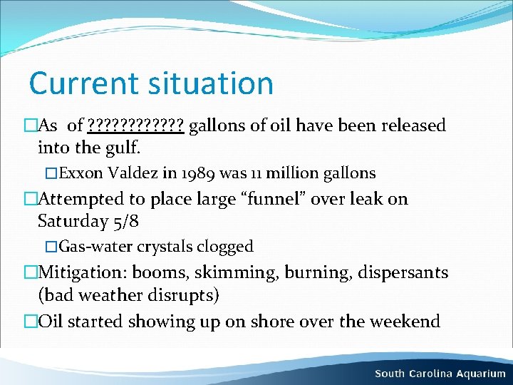 Current situation �As of ? ? ? gallons of oil have been released into