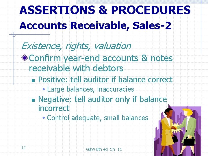 ASSERTIONS & PROCEDURES Accounts Receivable, Sales-2 Existence, rights, valuation Confirm year-end accounts & notes