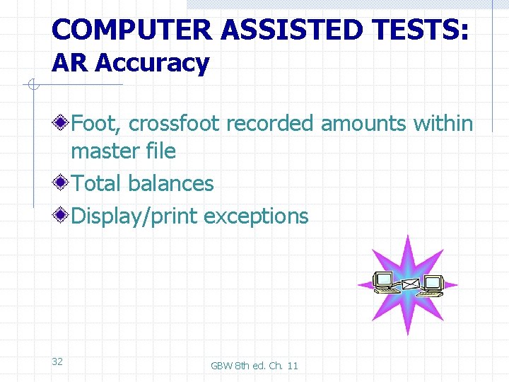 COMPUTER ASSISTED TESTS: AR Accuracy Foot, crossfoot recorded amounts within master file Total balances