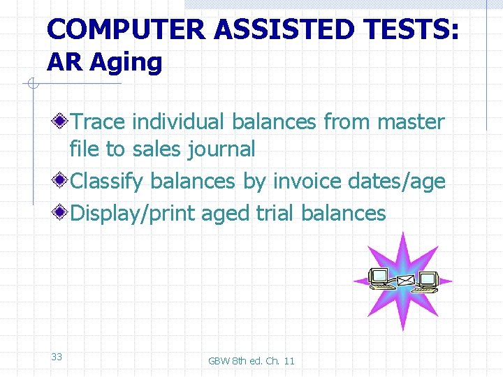 COMPUTER ASSISTED TESTS: AR Aging Trace individual balances from master file to sales journal