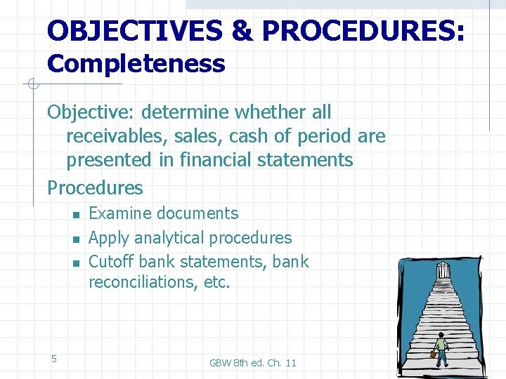 OBJECTIVES & PROCEDURES: Completeness Objective: determine whether all receivables, sales, cash of period are